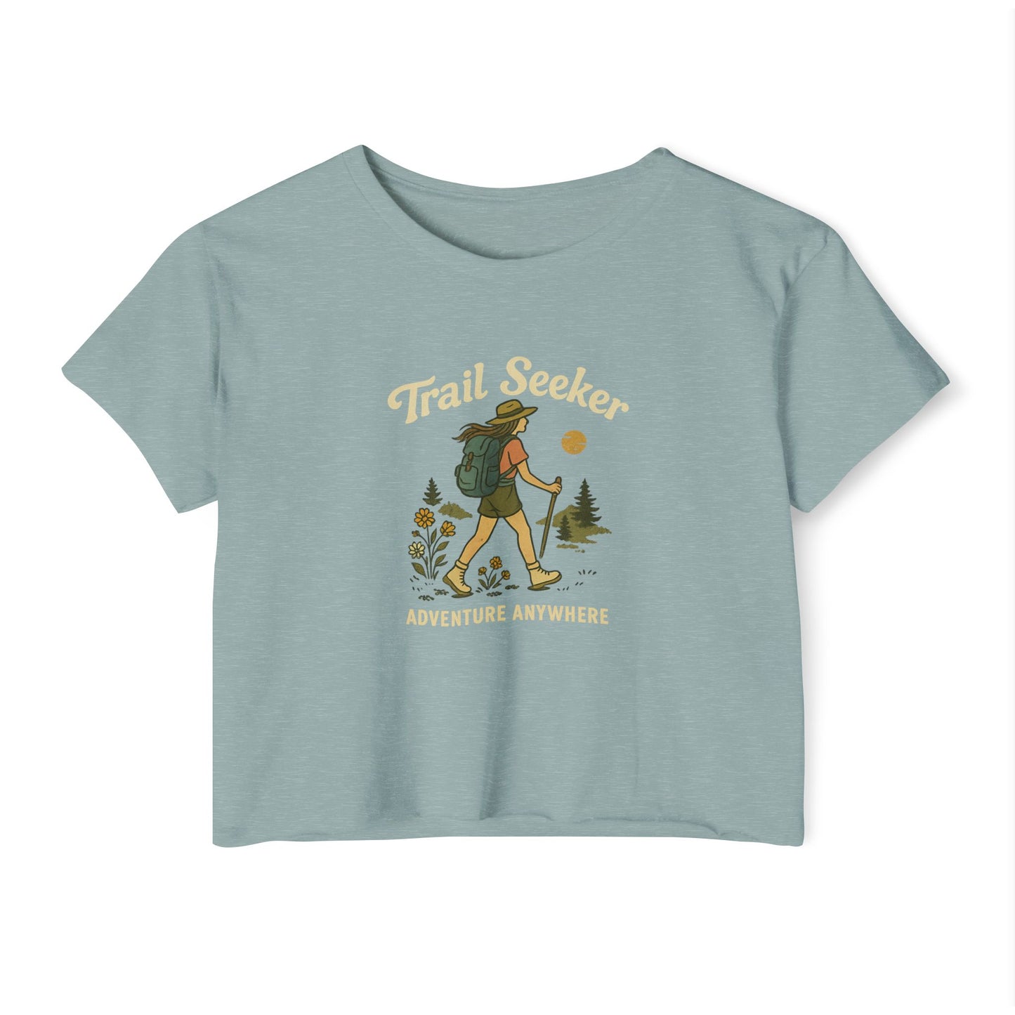 Trail Seeker Women's Festival Crop Top, Hiking Top, Adventure Crop Tee, Outdoorsy Shirt, Summer Festival Wear, Gift for Nature Lovers