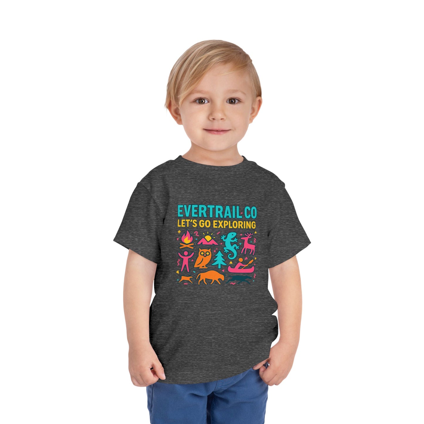 “Let’s Go Exploring” Retro Toddlers Adventure Shirt – 90s Nature Icons Tee by EverTrail Co.