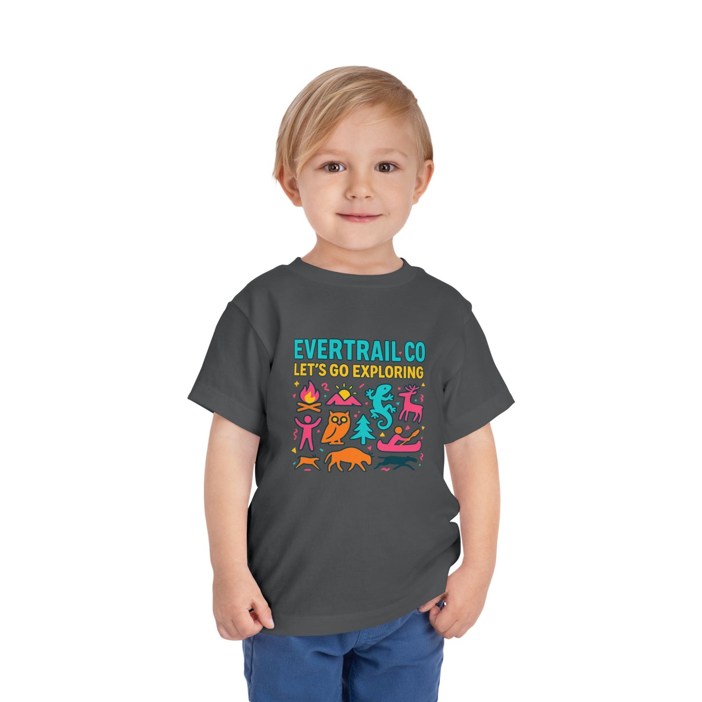 “Let’s Go Exploring” Retro Toddlers Adventure Shirt – 90s Nature Icons Tee by EverTrail Co.