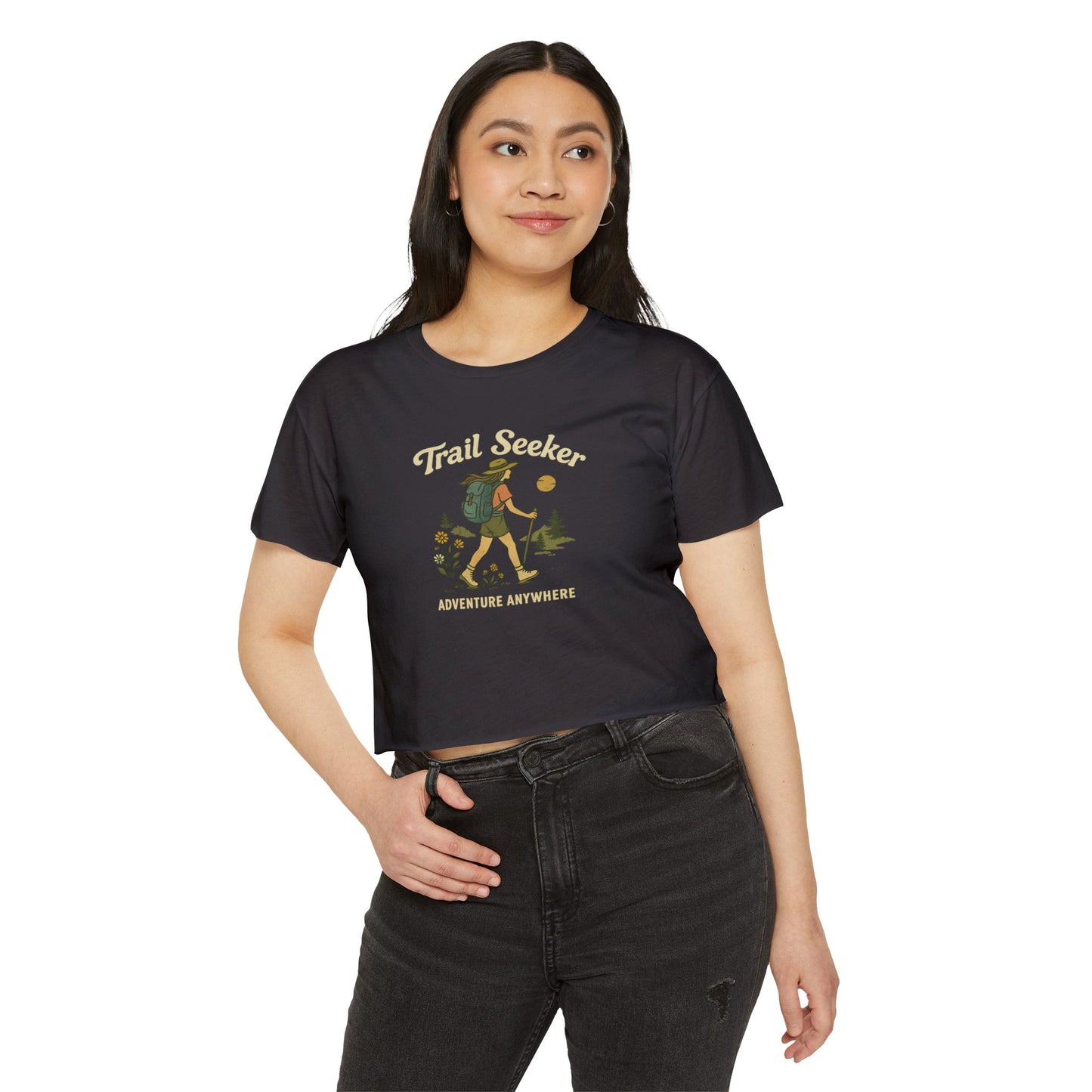 Trail Seeker Women's Festival Crop Top, Hiking Top, Adventure Crop Tee, Outdoorsy Shirt, Summer Festival Wear, Gift for Nature Lovers