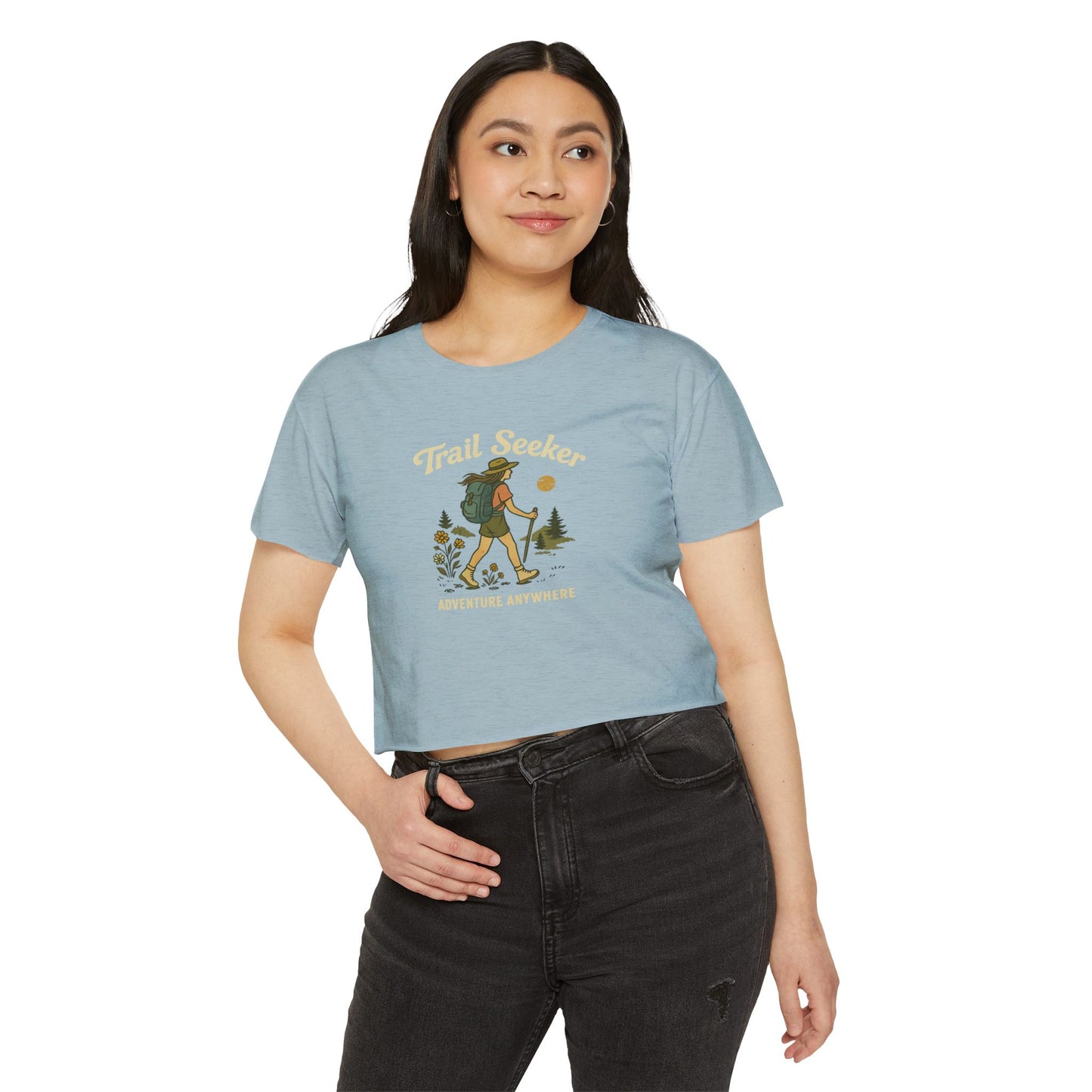Trail Seeker Women's Festival Crop Top, Hiking Top, Adventure Crop Tee, Outdoorsy Shirt, Summer Festival Wear, Gift for Nature Lovers