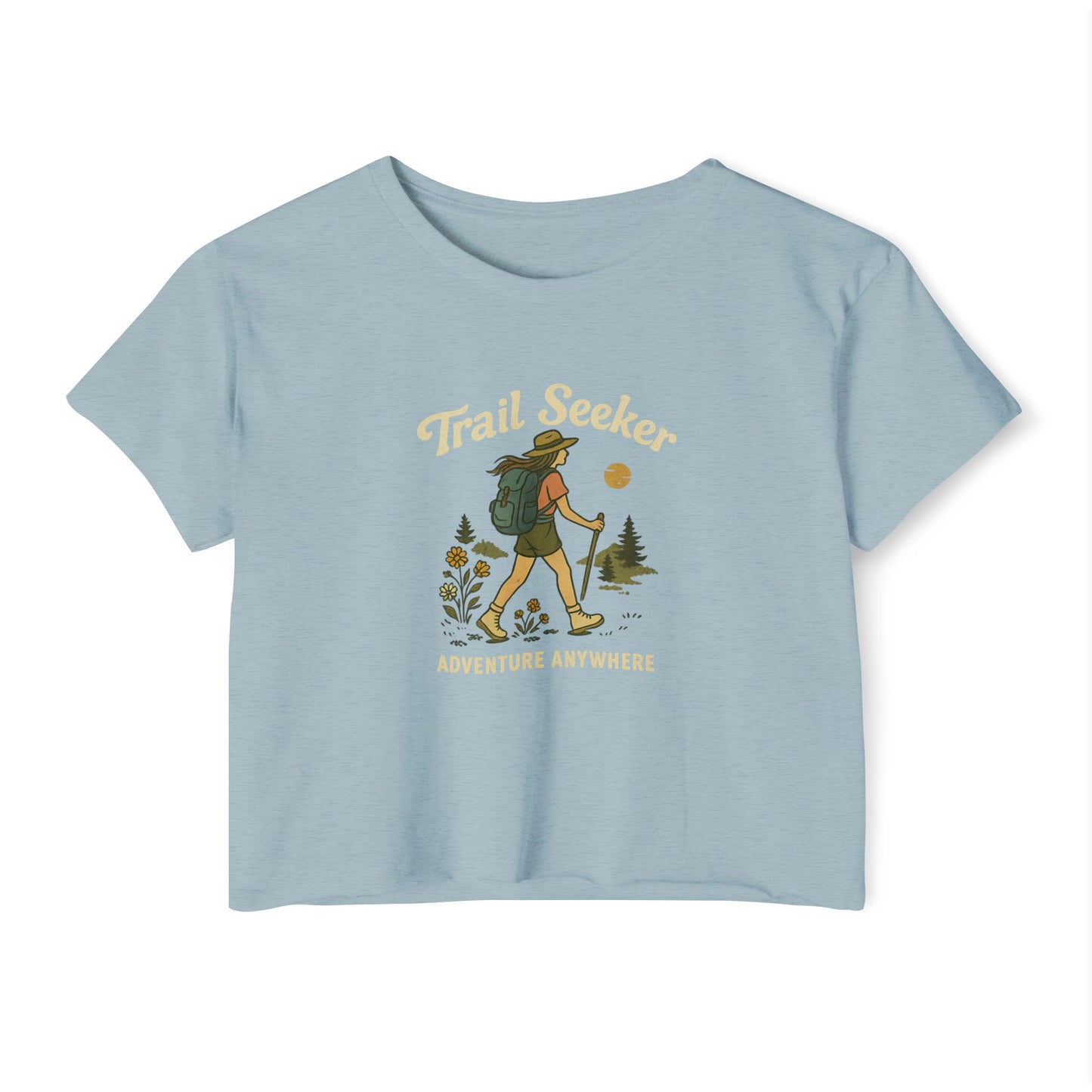 Trail Seeker Women's Festival Crop Top, Hiking Top, Adventure Crop Tee, Outdoorsy Shirt, Summer Festival Wear, Gift for Nature Lovers
