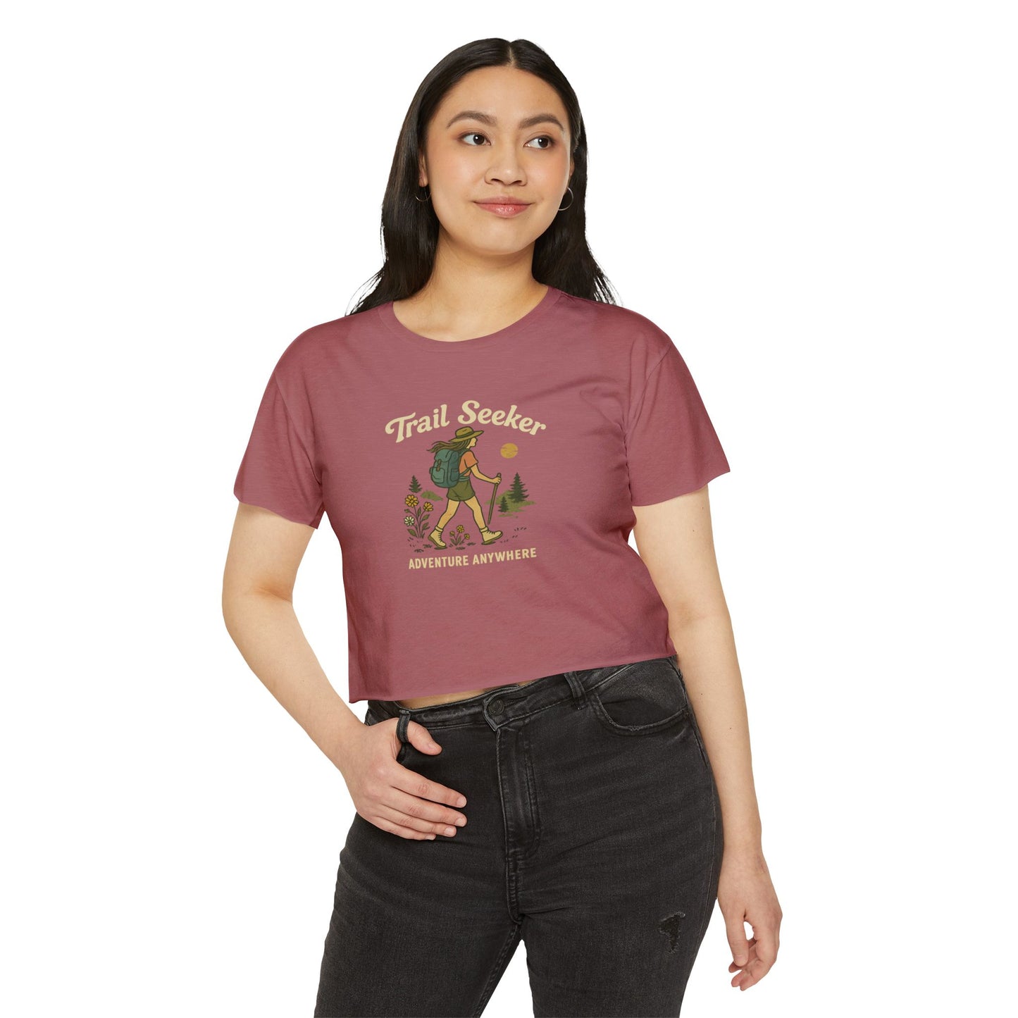 Trail Seeker Women's Festival Crop Top, Hiking Top, Adventure Crop Tee, Outdoorsy Shirt, Summer Festival Wear, Gift for Nature Lovers