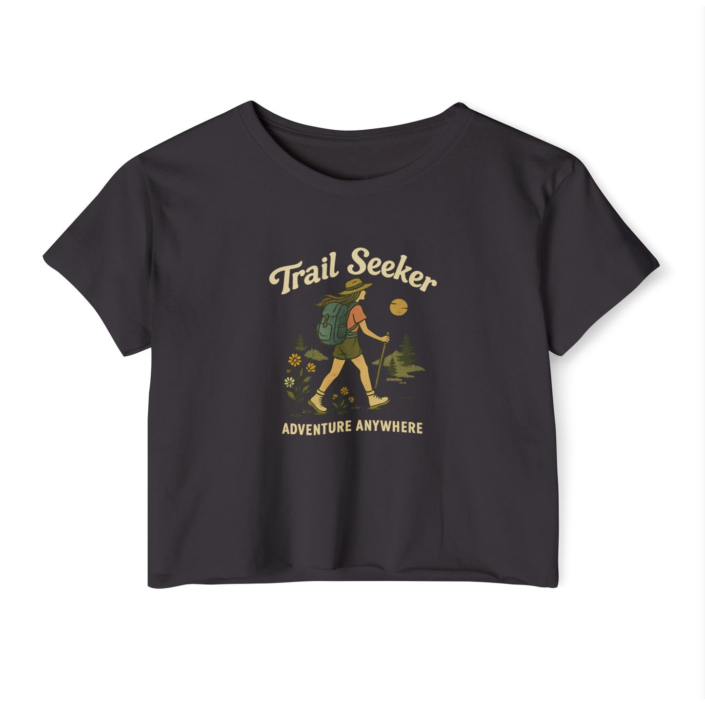 Trail Seeker Women's Festival Crop Top, Hiking Top, Adventure Crop Tee, Outdoorsy Shirt, Summer Festival Wear, Gift for Nature Lovers