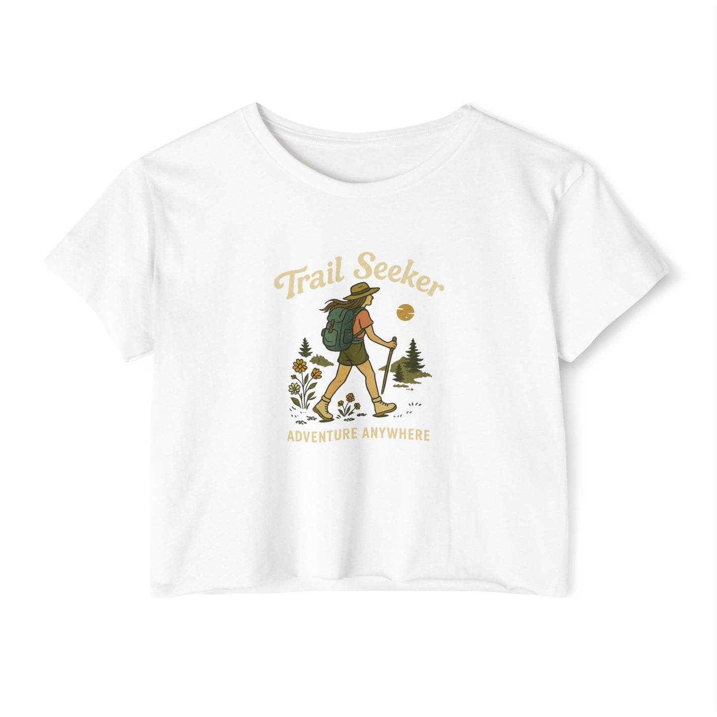 Trail Seeker Women's Festival Crop Top, Hiking Top, Adventure Crop Tee, Outdoorsy Shirt, Summer Festival Wear, Gift for Nature Lovers