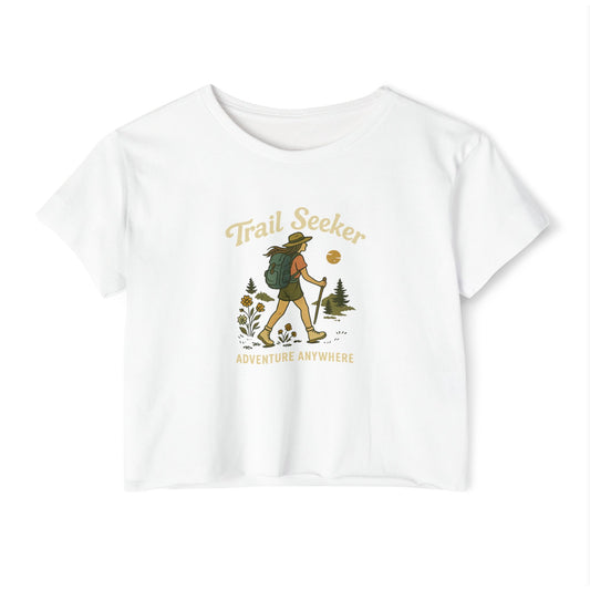 Trail Seeker Women's Festival Crop Top, Hiking Top, Adventure Crop Tee, Outdoorsy Shirt, Summer Festival Wear, Gift for Nature Lovers