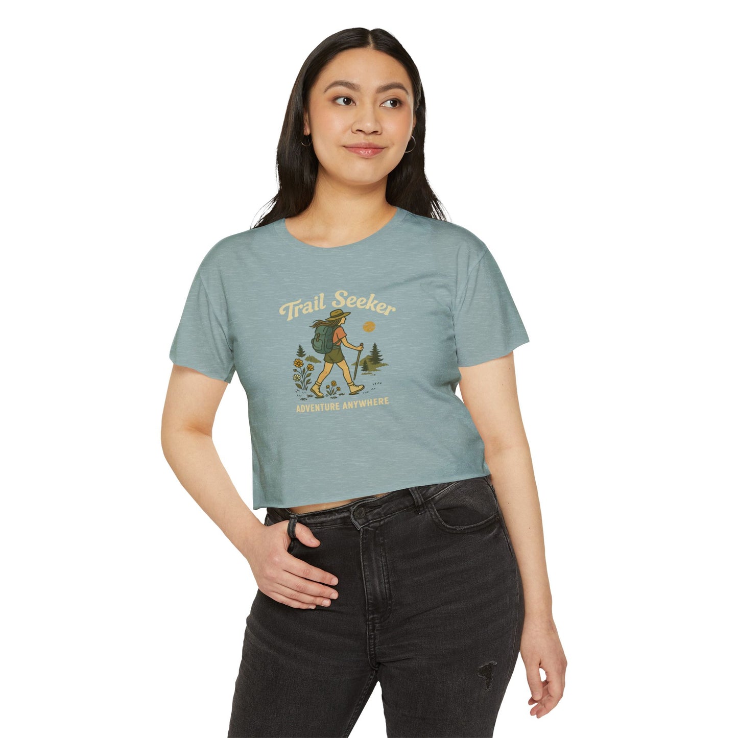 Trail Seeker Women's Festival Crop Top, Hiking Top, Adventure Crop Tee, Outdoorsy Shirt, Summer Festival Wear, Gift for Nature Lovers