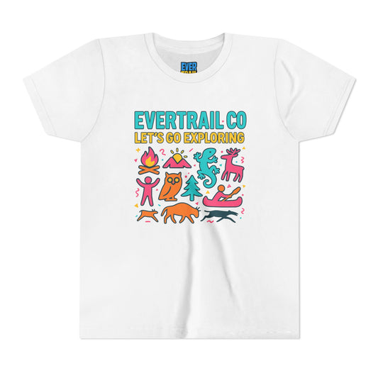 “Let’s Go Exploring” Retro Kids Adventure Shirt – 90s Nature Icons Tee by EverTrail Co.