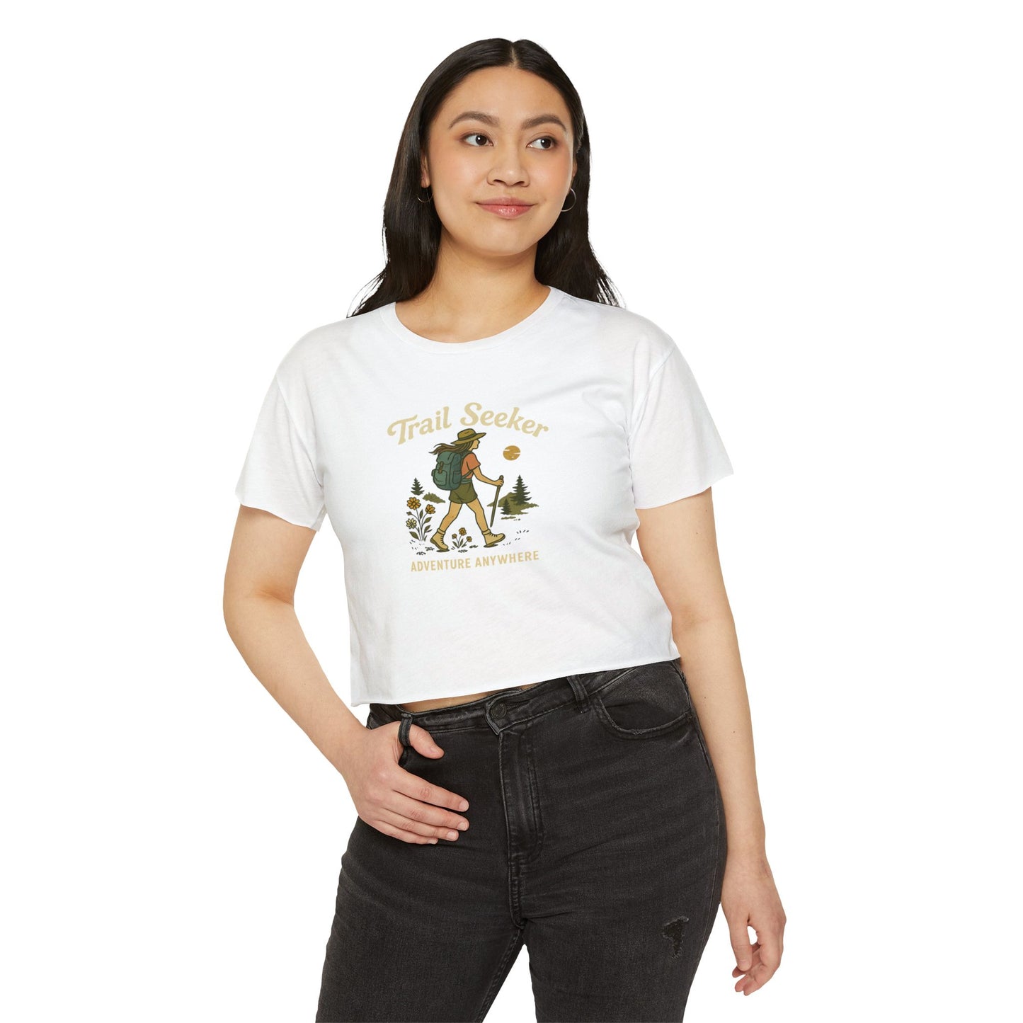 Trail Seeker Women's Festival Crop Top, Hiking Top, Adventure Crop Tee, Outdoorsy Shirt, Summer Festival Wear, Gift for Nature Lovers