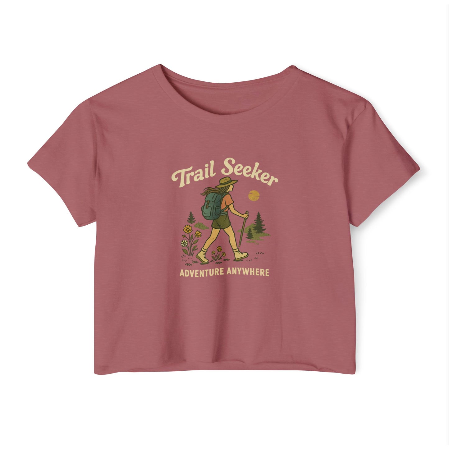 Trail Seeker Women's Festival Crop Top, Hiking Top, Adventure Crop Tee, Outdoorsy Shirt, Summer Festival Wear, Gift for Nature Lovers