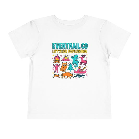 “Let’s Go Exploring” Retro Toddlers Adventure Shirt – 90s Nature Icons Tee by EverTrail Co.